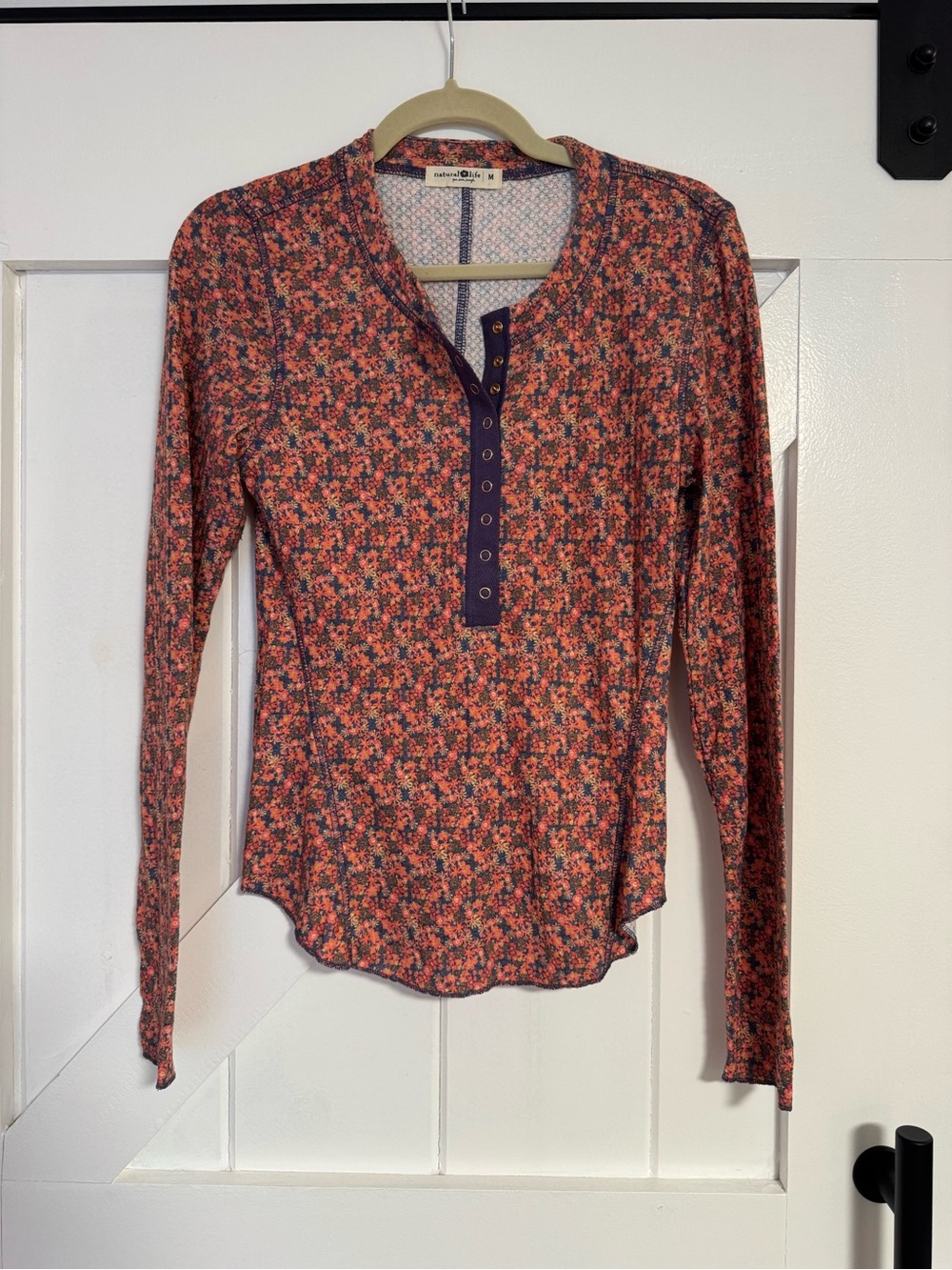 Women’s Floral Long Sleeve Henley Top - Coral Pink